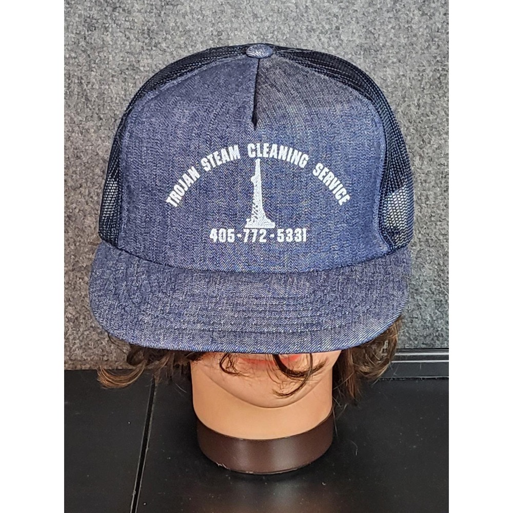 Vintage Trojan Steam Cleaning Service Trucker Hat Cap Blue Canvas Workwear 80s